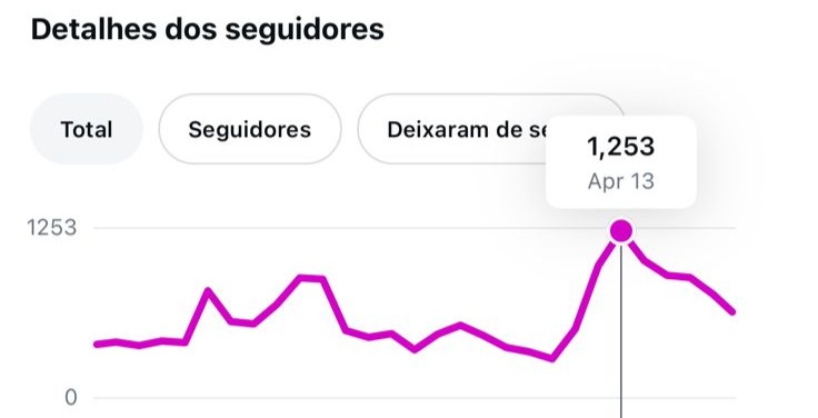 Painel de seguidores do Instagram mostrando 1.253 novos seguidores em um único dia